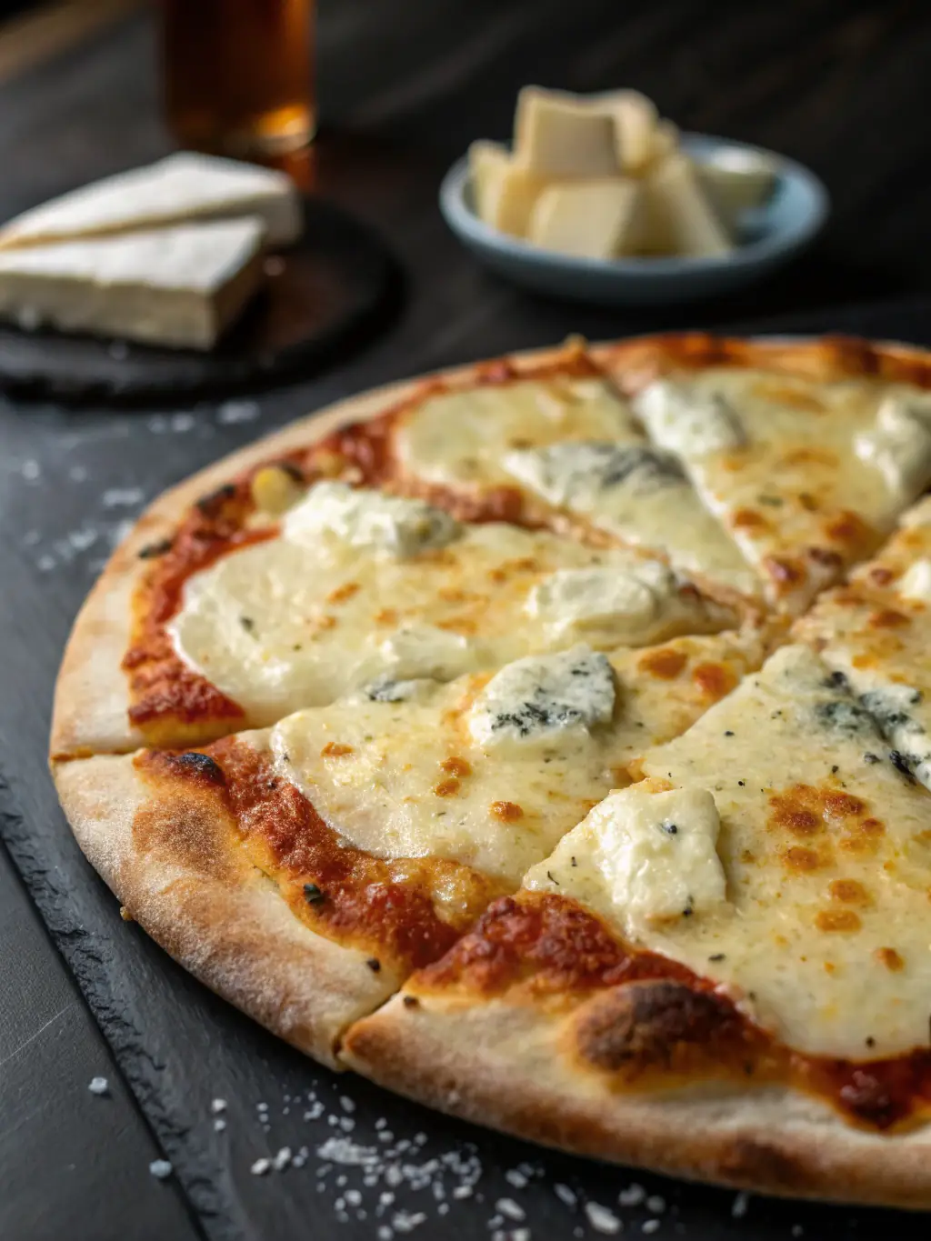 A close-up shot of the Four Cheese Pizza, highlighting the blend of mozzarella, cheddar, parmesan, and gorgonzola cheeses, showcasing the rich and creamy texture of this gourmet pizza from Call a Pizza.