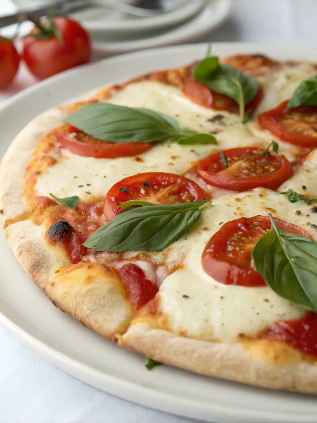 A close-up shot of a Margherita pizza showcasing the fresh basil, vibrant tomato sauce, and melted mozzarella, emphasizing the simplicity and quality of ingredients used by Call a Pizza.